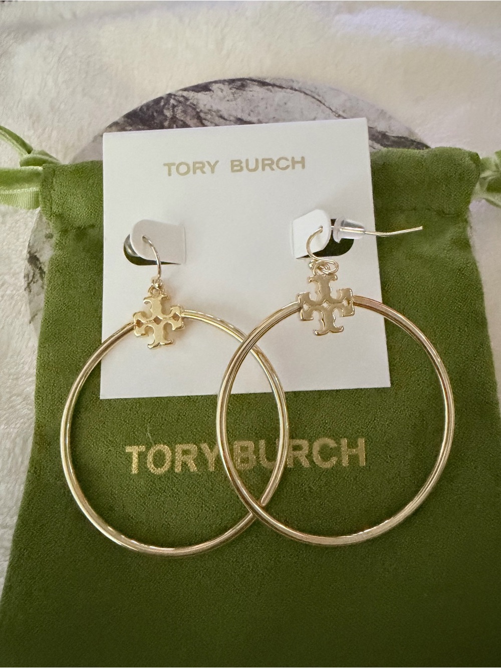 Tory Burch Gold Logo Hoop Earrings with Signature Emblem